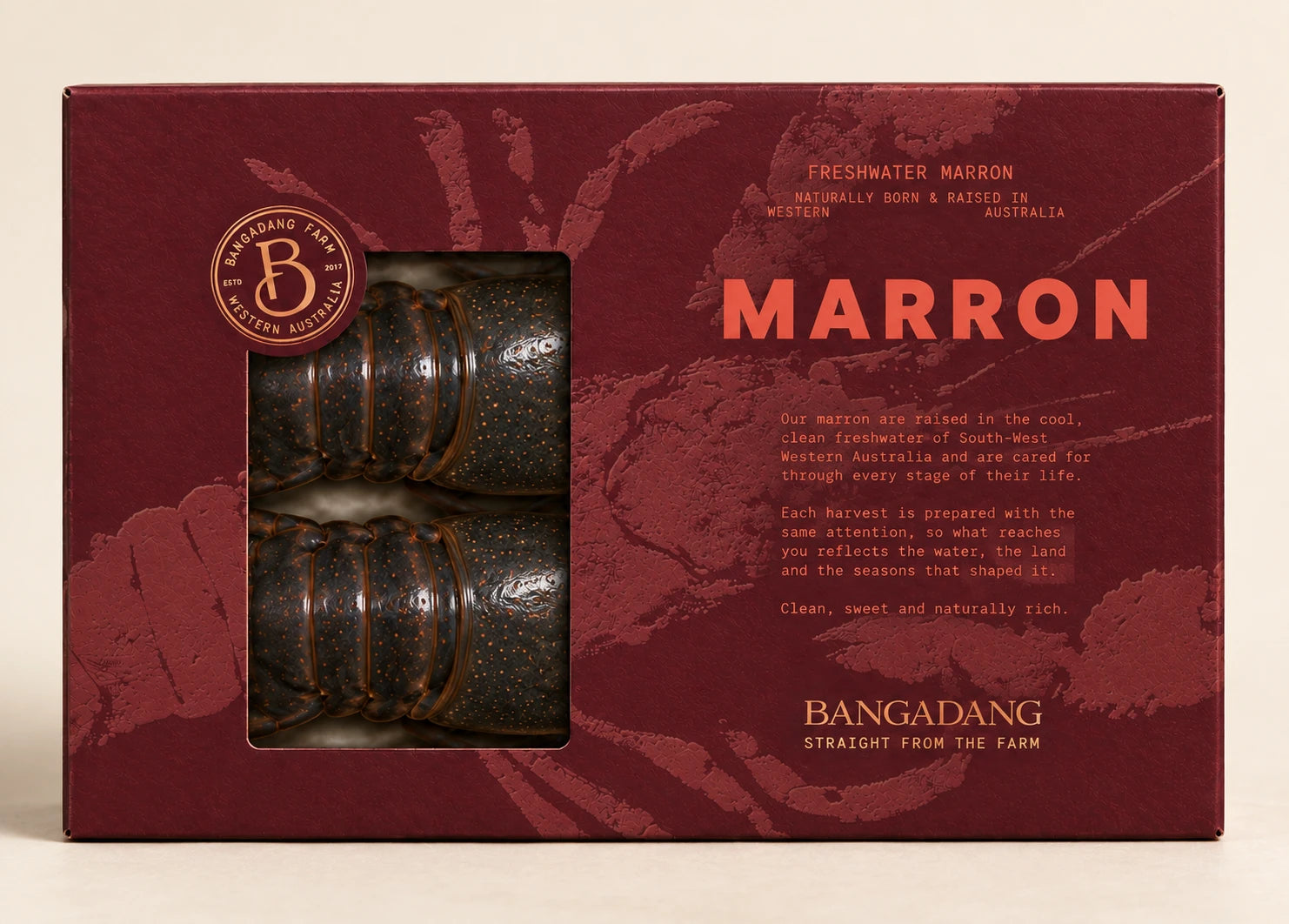 Concept packaging showing cropped sections of two marron lying horizontally, one above the other